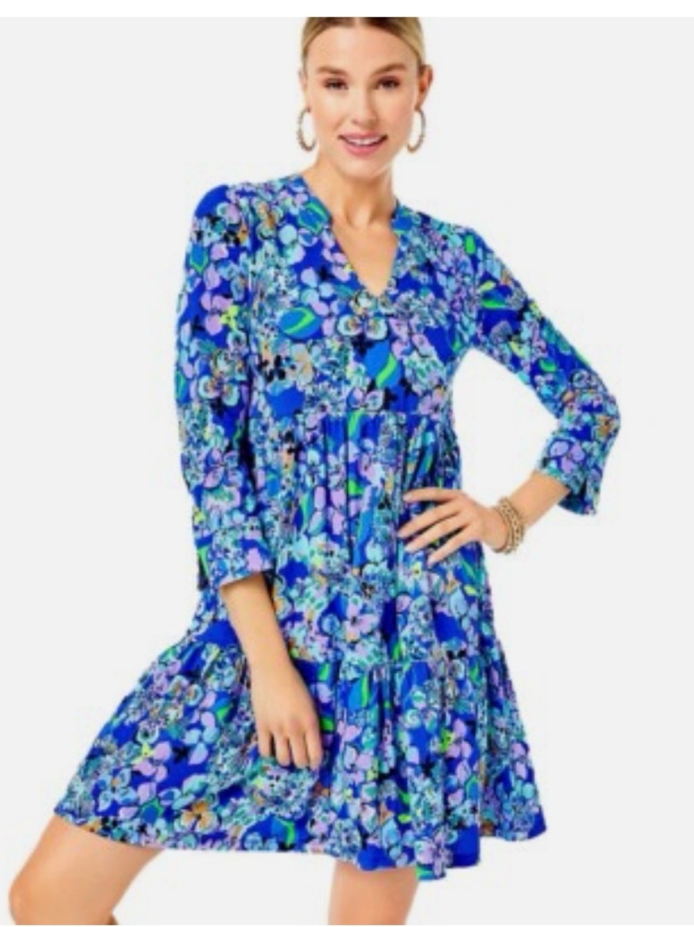 Lilly Pulitzer Alaina Blue Grotto Twilight Tropics Floral V-Neck Dress Size S